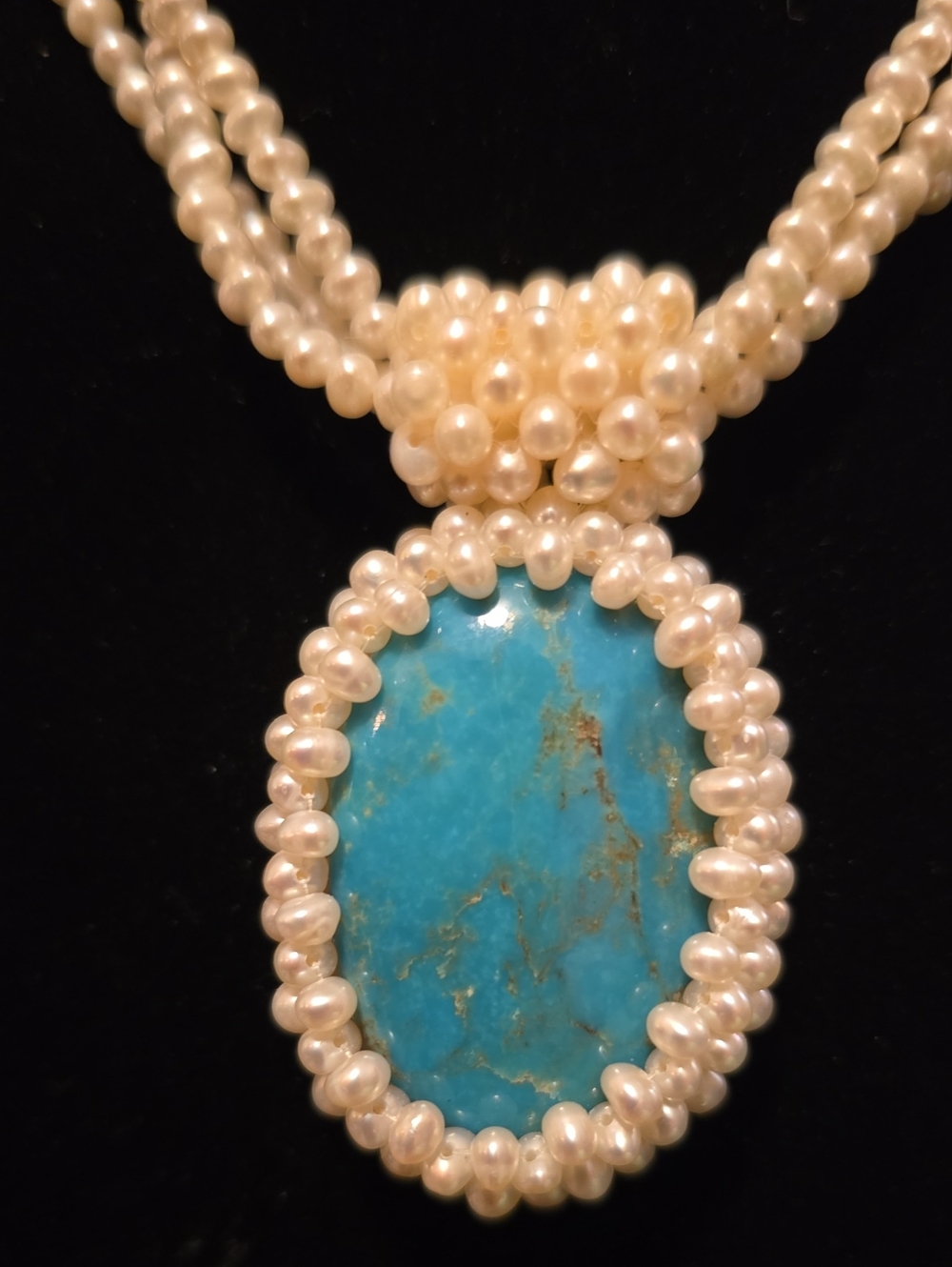 Pearl Beaded Torsade Necklace with Turquoise Pendant - White Pearls